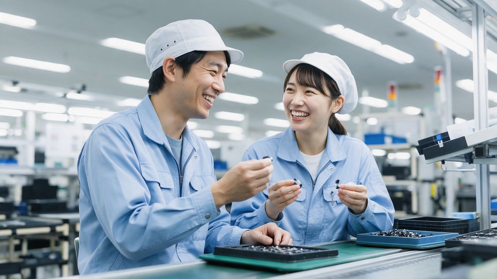 工場で笑顔で働く2人